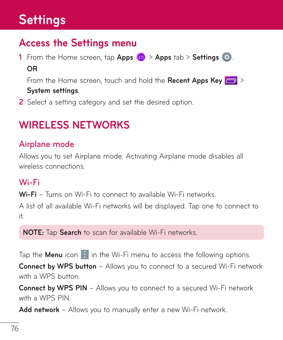 Settings, Access the settings menu, Wireless networks | Access the settings menu wireless networks | LG LGV400 User Manual | Page 78 / 132