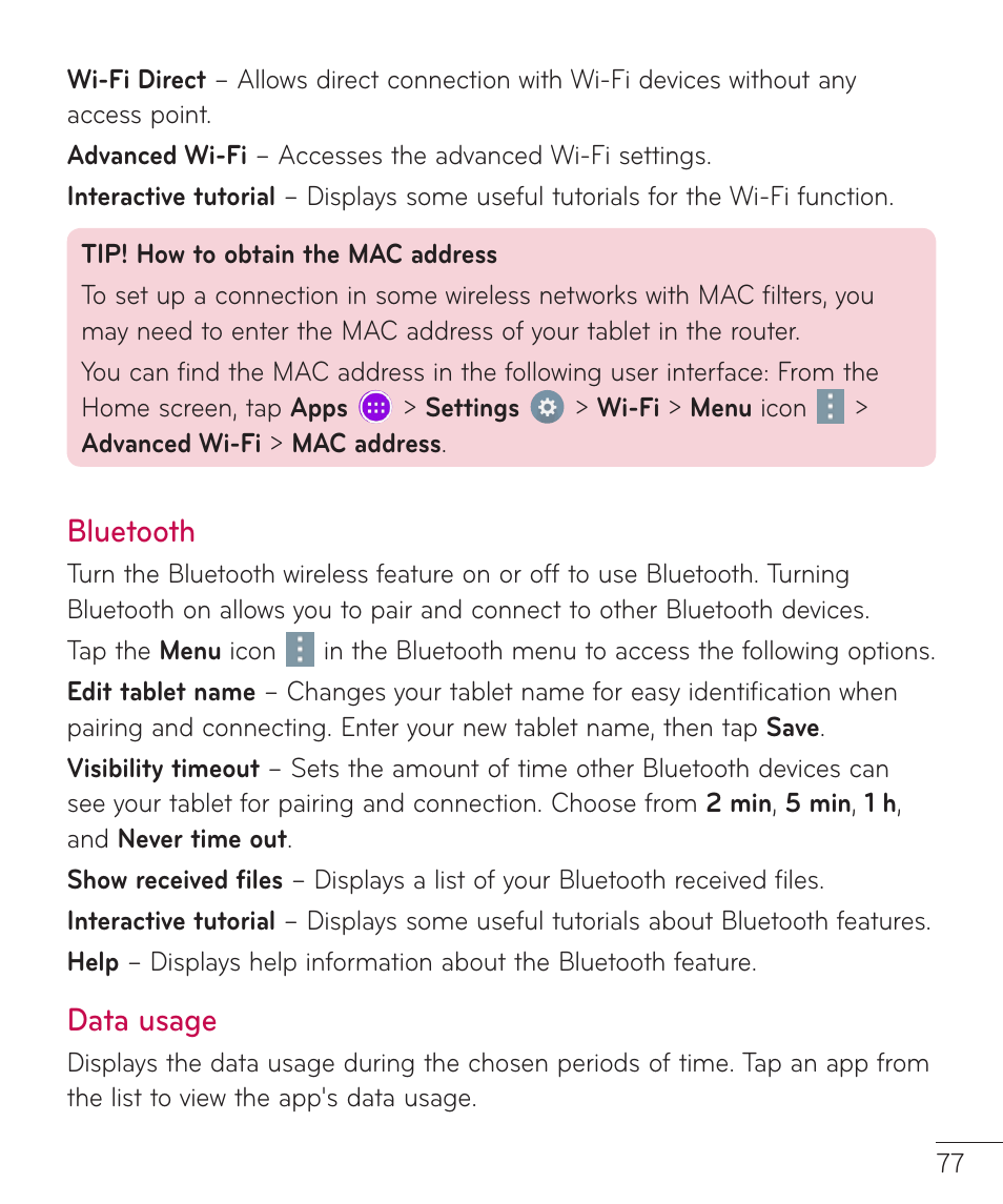 Bluetooth, Data usage | LG LGV400 User Manual | Page 79 / 132