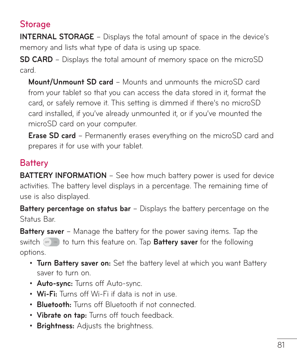 Storage, Battery | LG LGV400 User Manual | Page 83 / 132