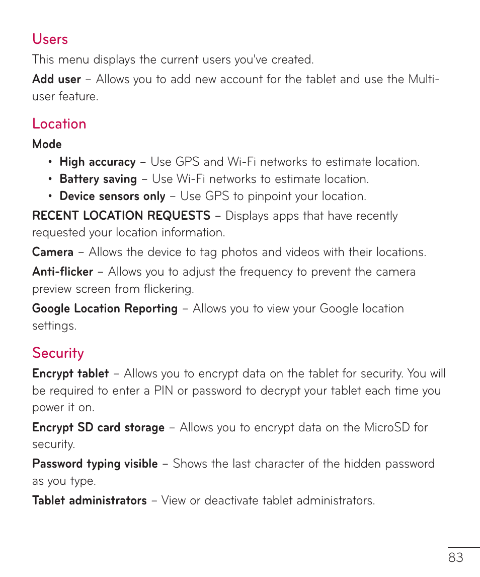 Users, Location, Security | LG LGV400 User Manual | Page 85 / 132