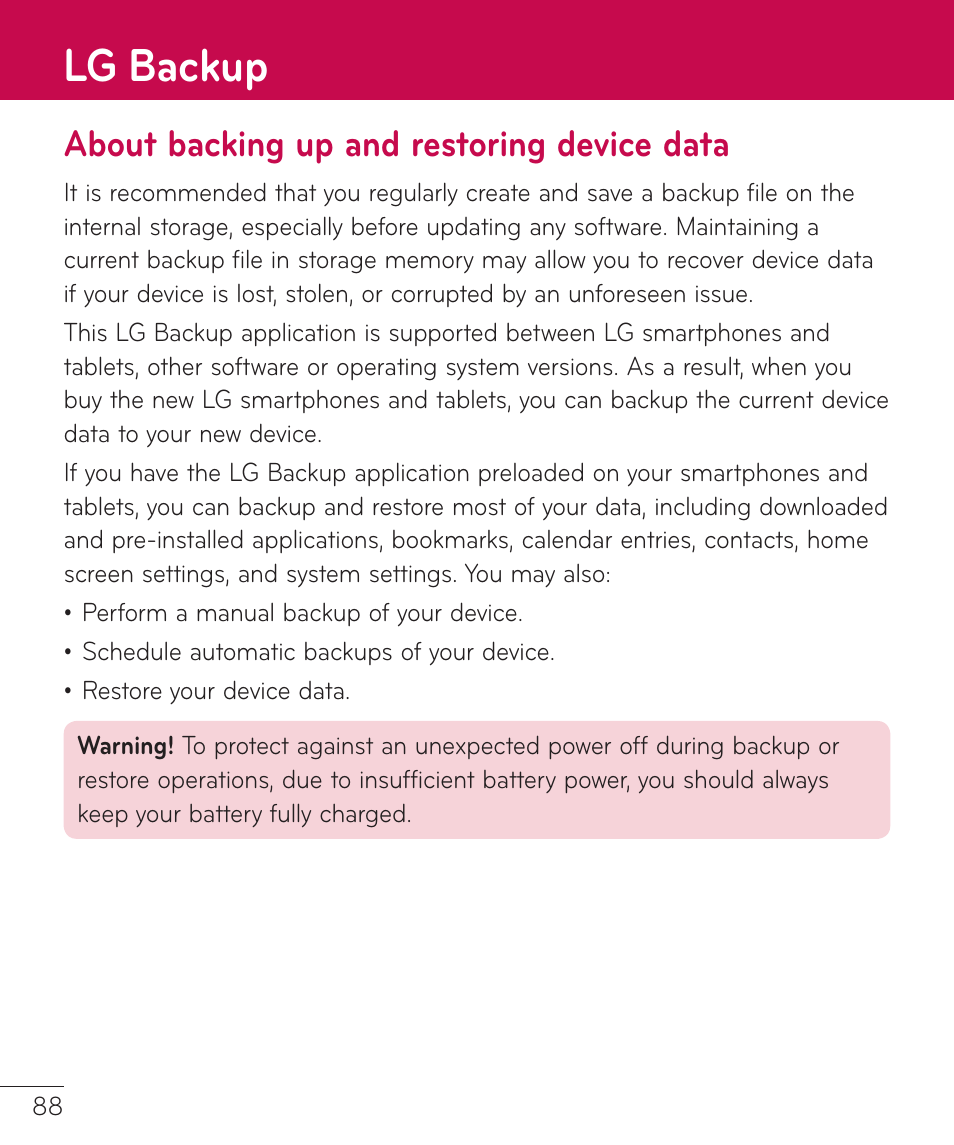 Lg backup, About backing up and restoring device data, About backing up and restoring | Device data | LG LGV400 User Manual | Page 90 / 132