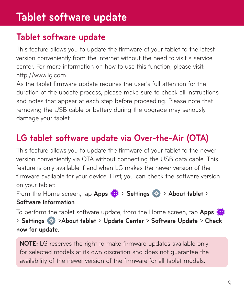 Tablet software update, Lg tablet software update via over-the-air (ota), Over-the-air (ota) | LG LGV400 User Manual | Page 93 / 132