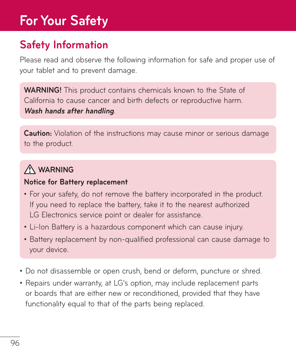 For your safety, Safety information | LG LGV400 User Manual | Page 98 / 132