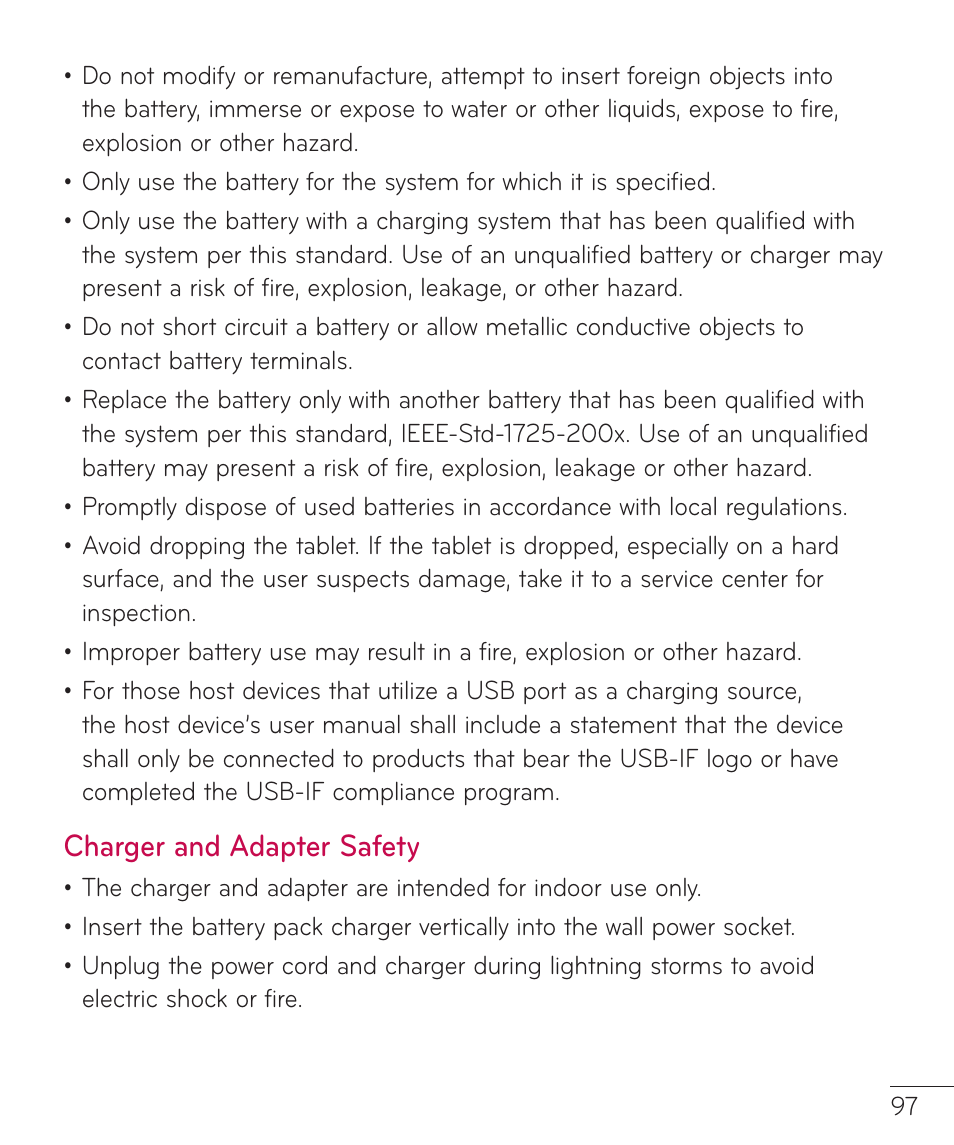 Charger and adapter safety | LG LGV400 User Manual | Page 99 / 132