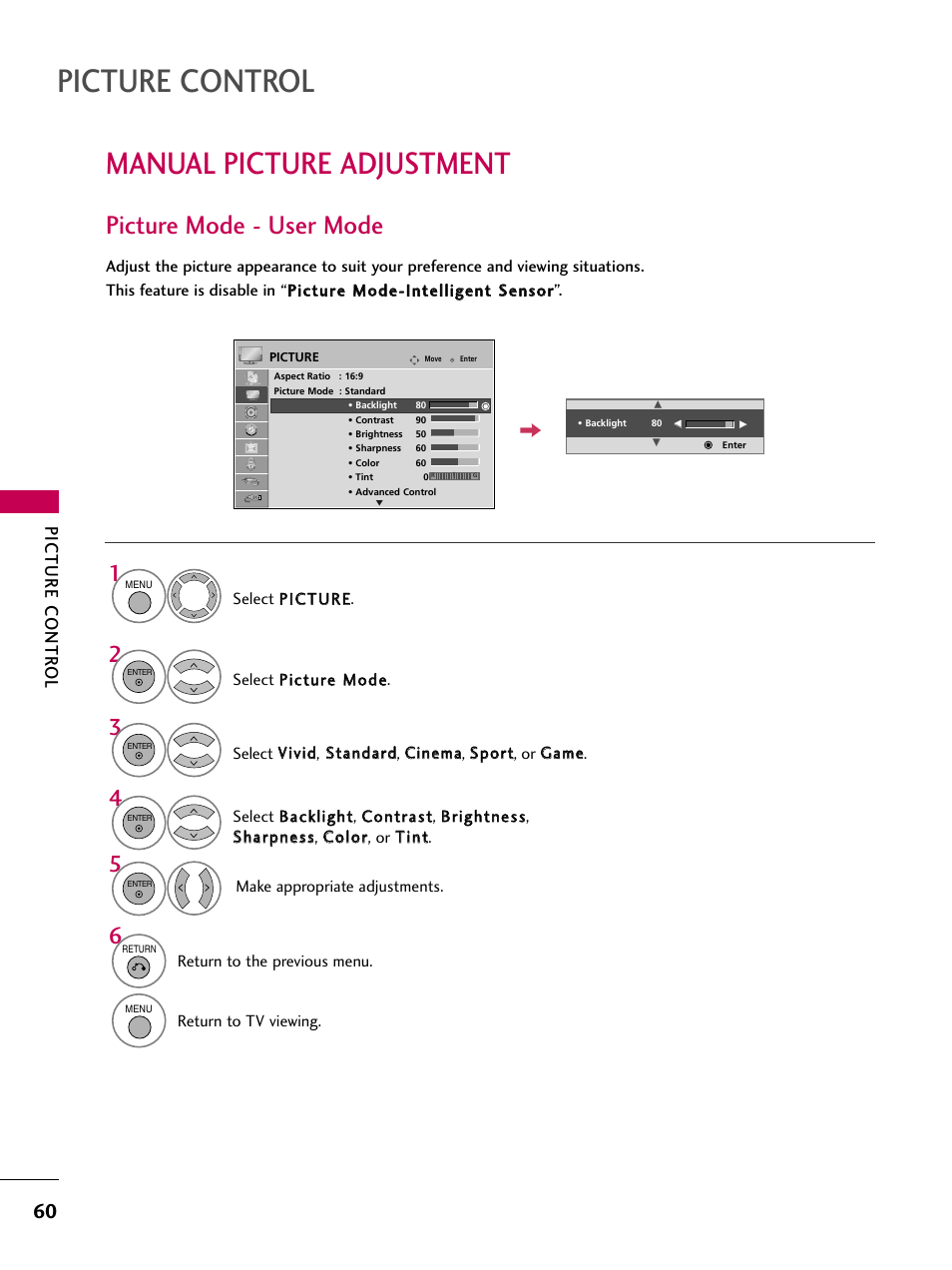 Picture control, Manual picture adjustment, Picture mode - user mode | Picture contr ol | LG 37LG50 User Manual | Page 60 / 114