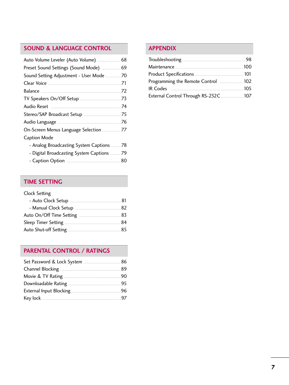 7sound & language control, Time setting, Parental control / ratings | Appendix | LG 37LG50 User Manual | Page 7 / 114