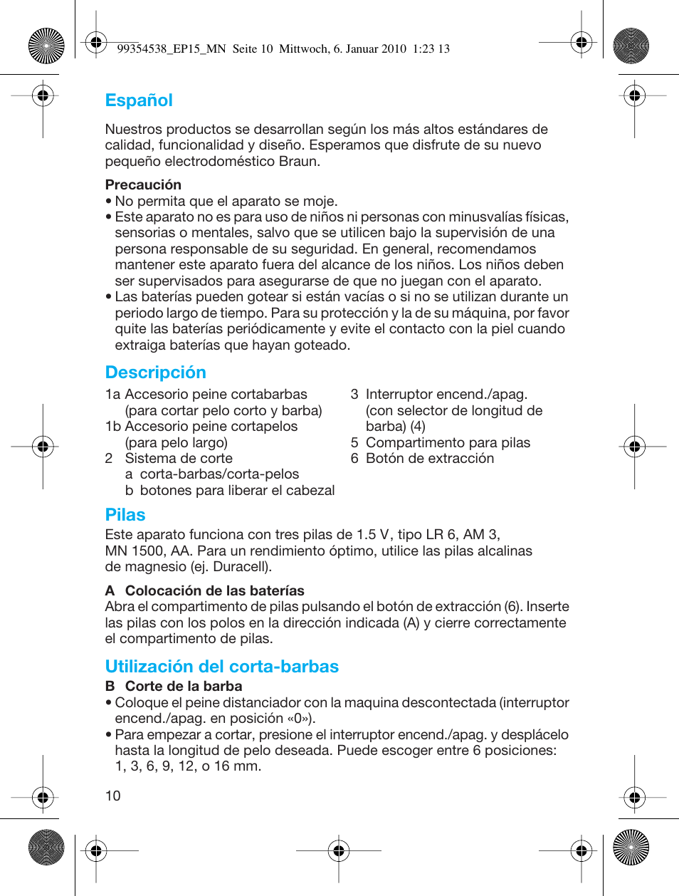 Español, Descripción pilas, Utilización del corta-barbas | Braun EP15 Exact Power battery EU User Manual | Page 10 / 37