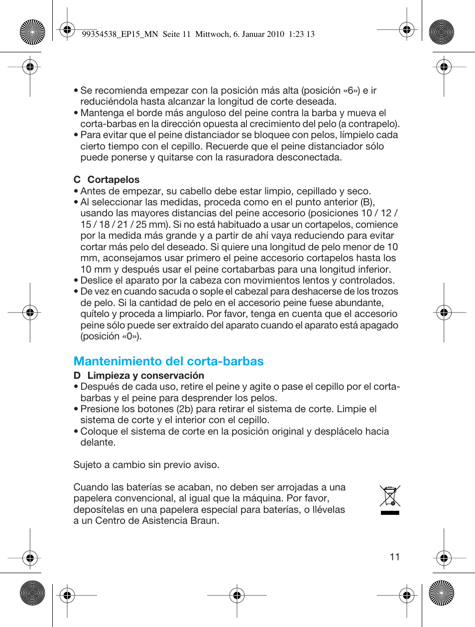 Mantenimiento del corta-barbas | Braun EP15 Exact Power battery EU User Manual | Page 11 / 37