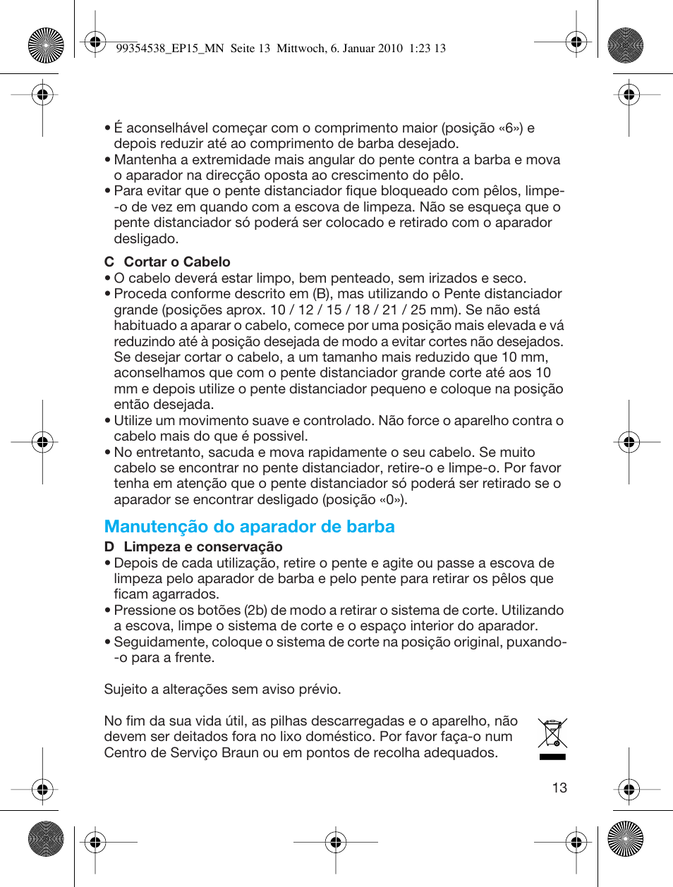 Manutenção do aparador de barba | Braun EP15 Exact Power battery EU User Manual | Page 13 / 37