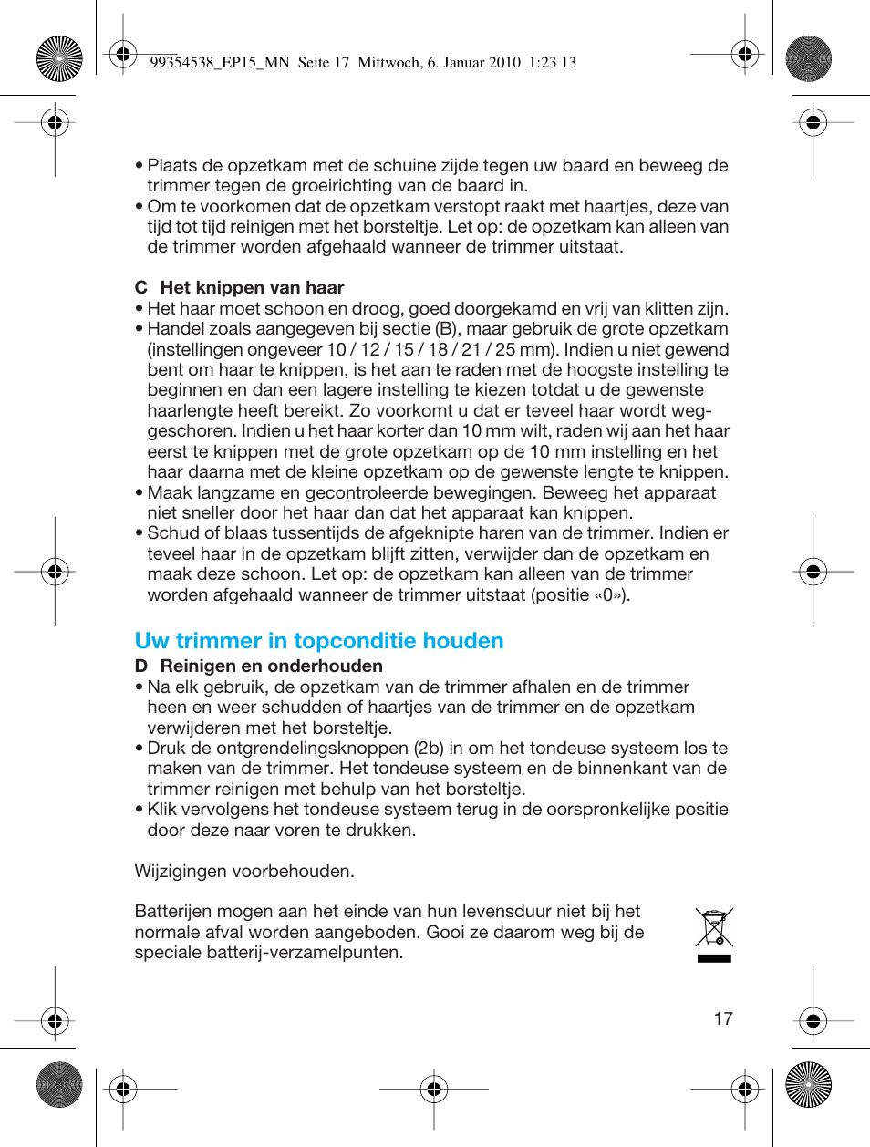 Uw trimmer in topconditie houden | Braun EP15 Exact Power battery EU User Manual | Page 17 / 37