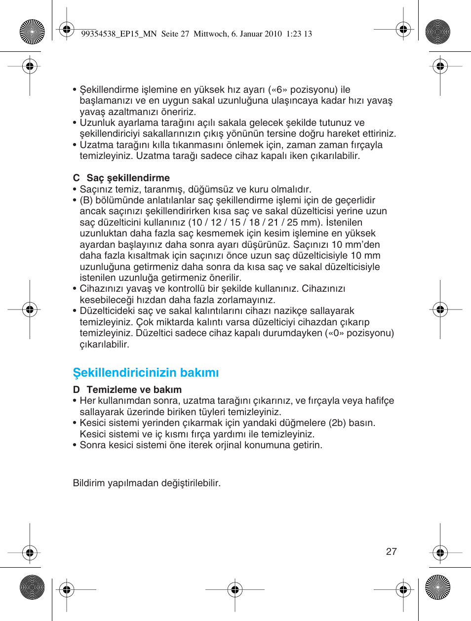 Ωekillendiricinizin bakımı | Braun EP15 Exact Power battery EU User Manual | Page 27 / 37