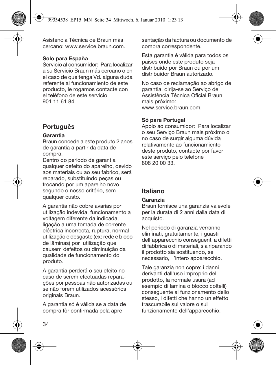 Português, Italiano | Braun EP15 Exact Power battery EU User Manual | Page 34 / 37