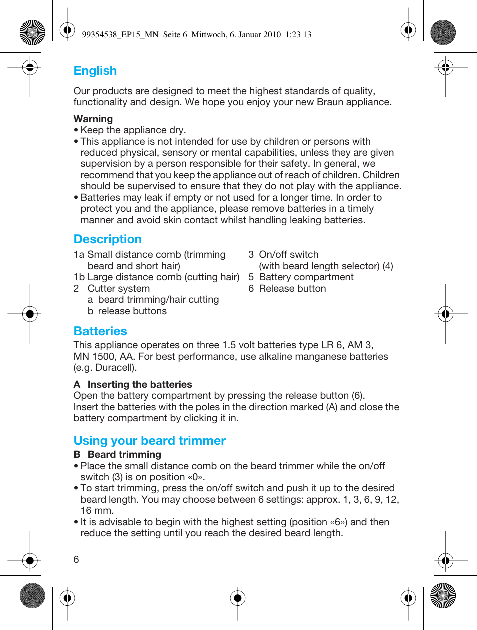 English, Description batteries, Using your beard trimmer | Braun EP15 Exact Power battery EU User Manual | Page 6 / 37