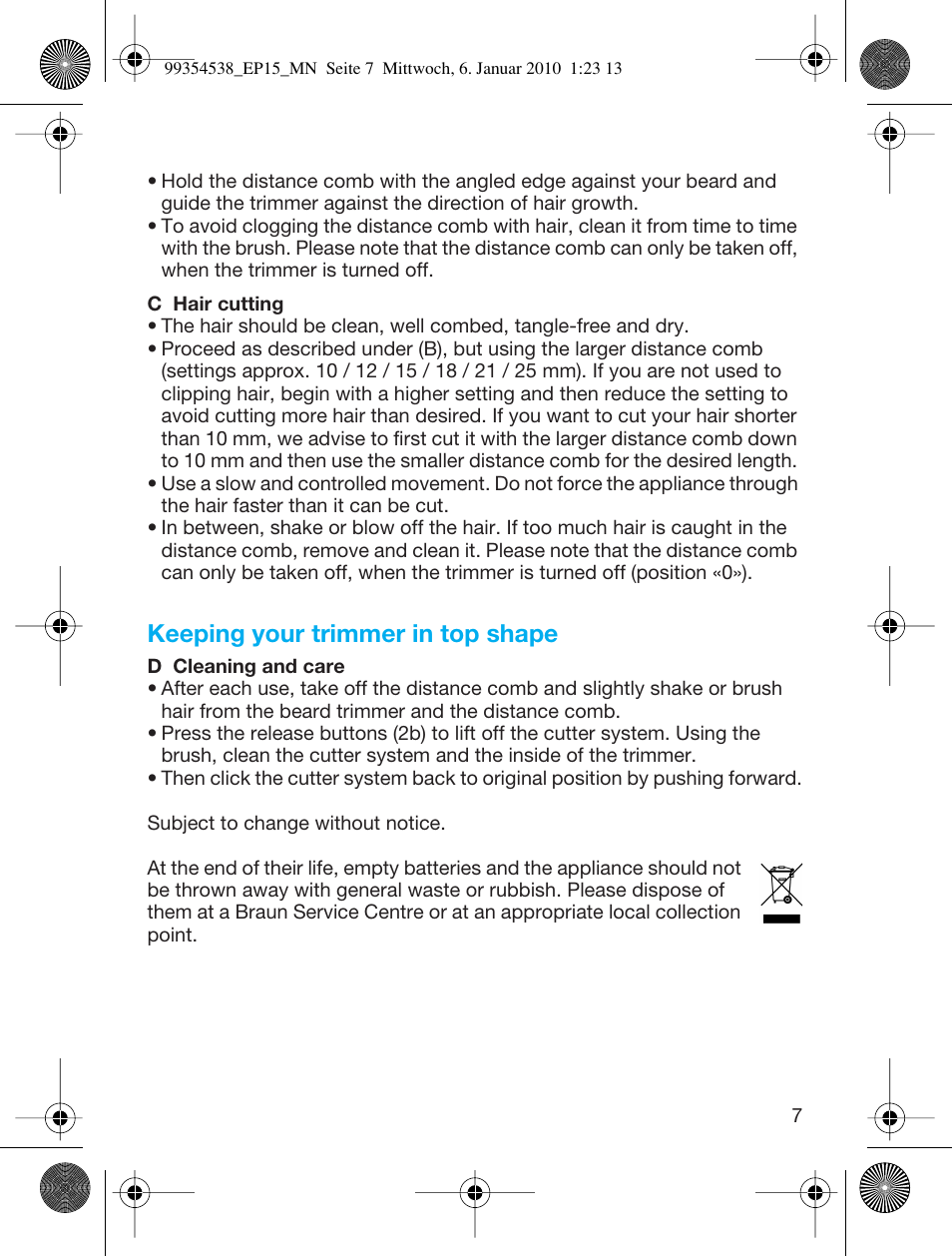 Keeping your trimmer in top shape | Braun EP15 Exact Power battery EU User Manual | Page 7 / 37