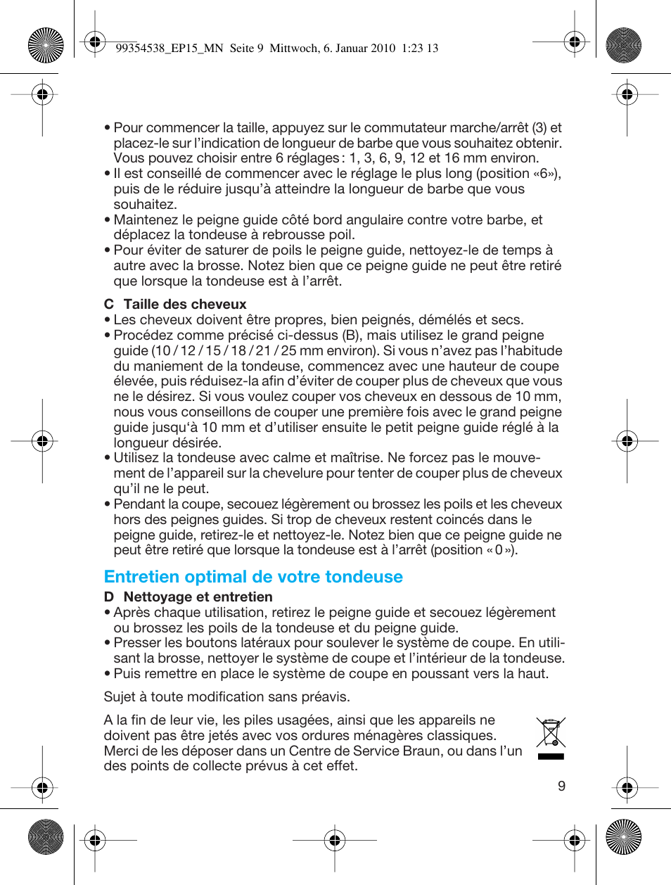 Entretien optimal de votre tondeuse | Braun EP15 Exact Power battery EU User Manual | Page 9 / 37