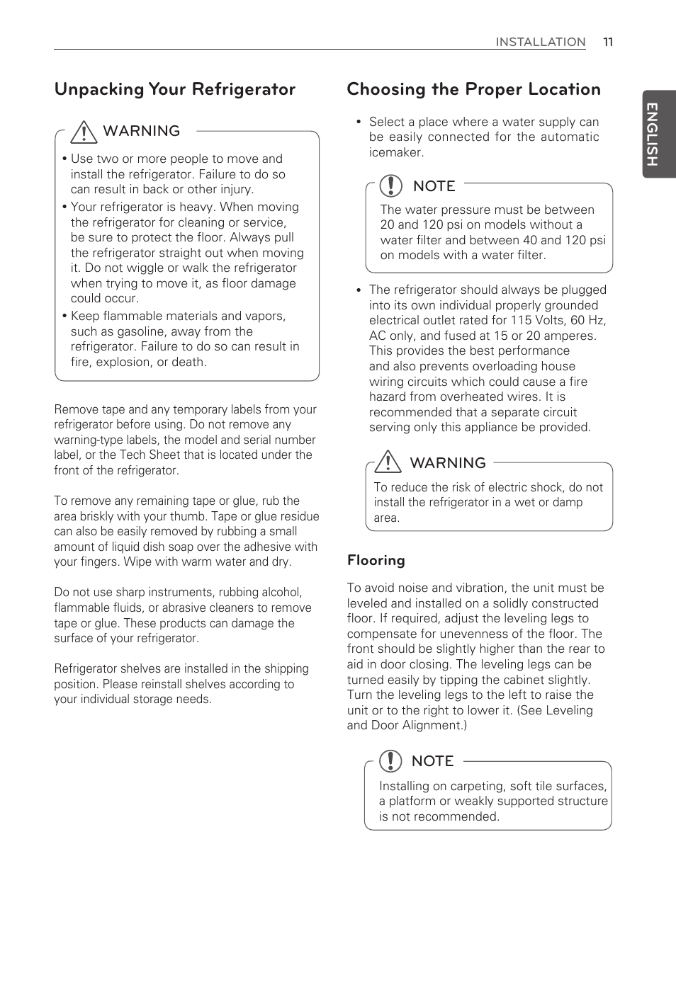 Choosing the proper location, Unpacking your refrigerator | LG LFX29945ST User Manual | Page 11 / 61
