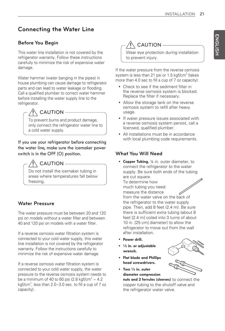 Connecting the water line, Caution, Before you begin | What you will need | LG LFX29945ST User Manual | Page 21 / 61