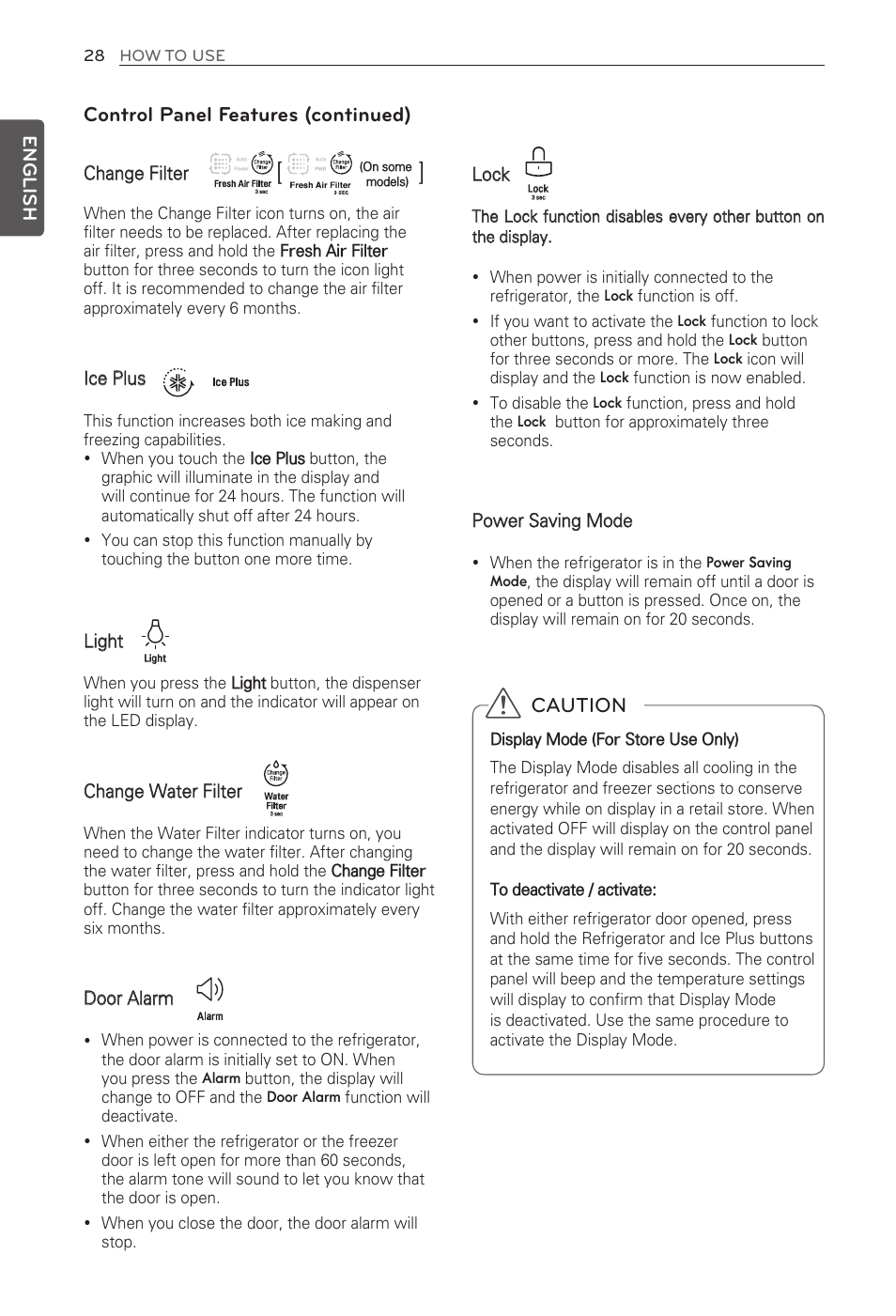 Control panel features (continued), Caution | LG LFX29945ST User Manual | Page 28 / 61