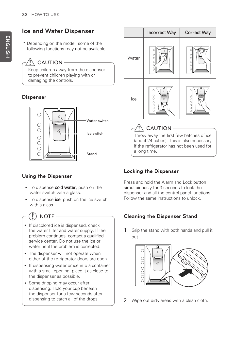 Ice and water dispenser, Caution, Dispenser | Using the dispenser, Locking the dispenser, Cleaning the dispenser stand 1 | LG LFX29945ST User Manual | Page 32 / 61