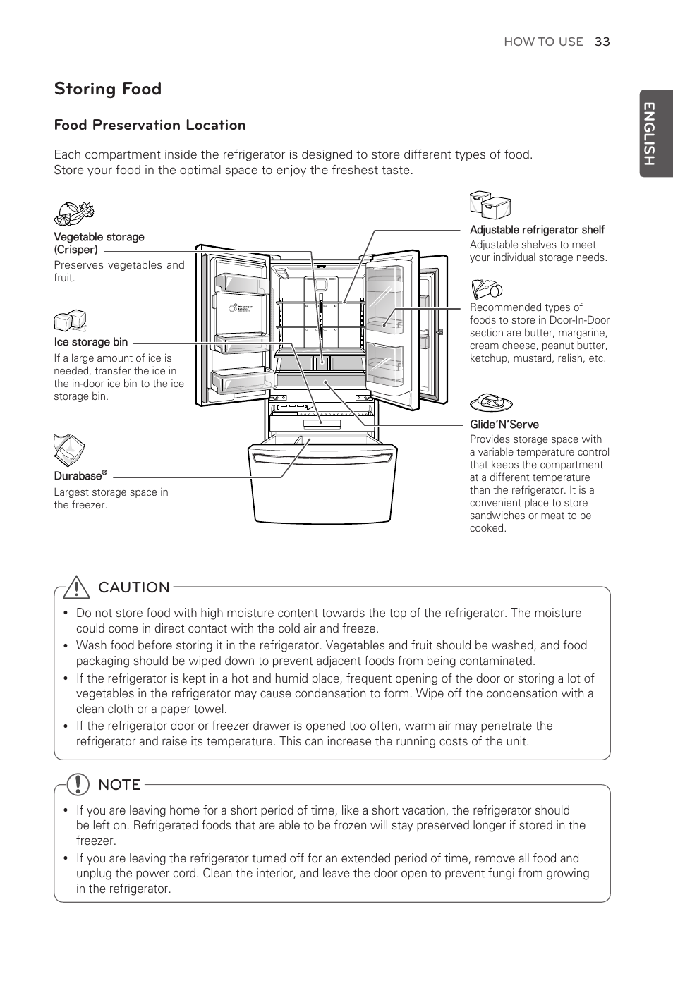 Storing food, Food preservation location, Caution | English | LG LFX29945ST User Manual | Page 33 / 61