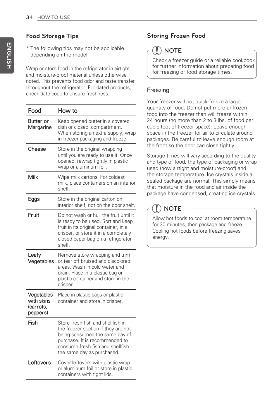 Food storage tips, Storing frozen food, English | LG LFX29945ST User Manual | Page 34 / 61