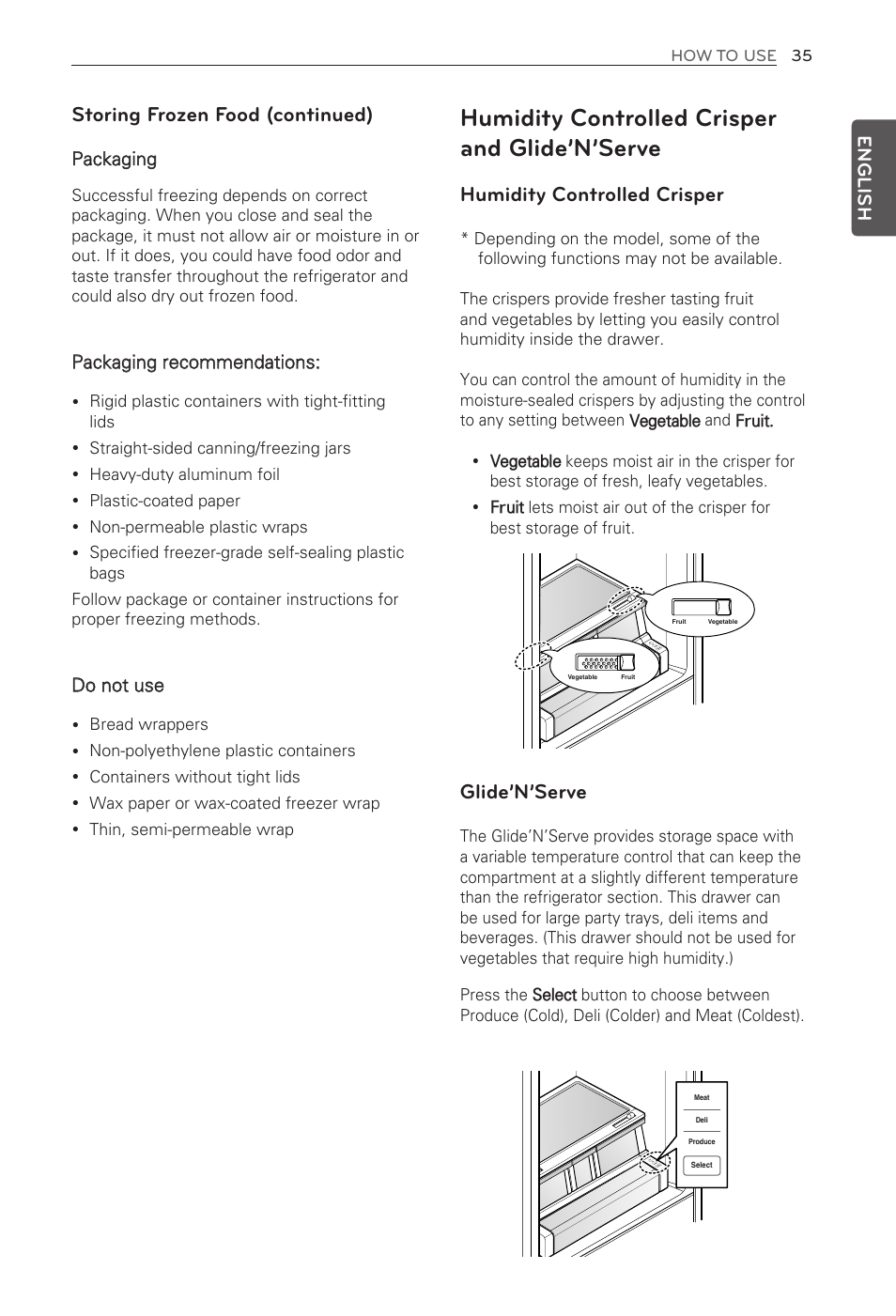 Humidity controlled crisper and glide’n’serve, Humidity controlled crisper, Glide’n’serve | Storing frozen food (continued), English, Packaging, Packaging recommendations, Do not use | LG LFX29945ST User Manual | Page 35 / 61