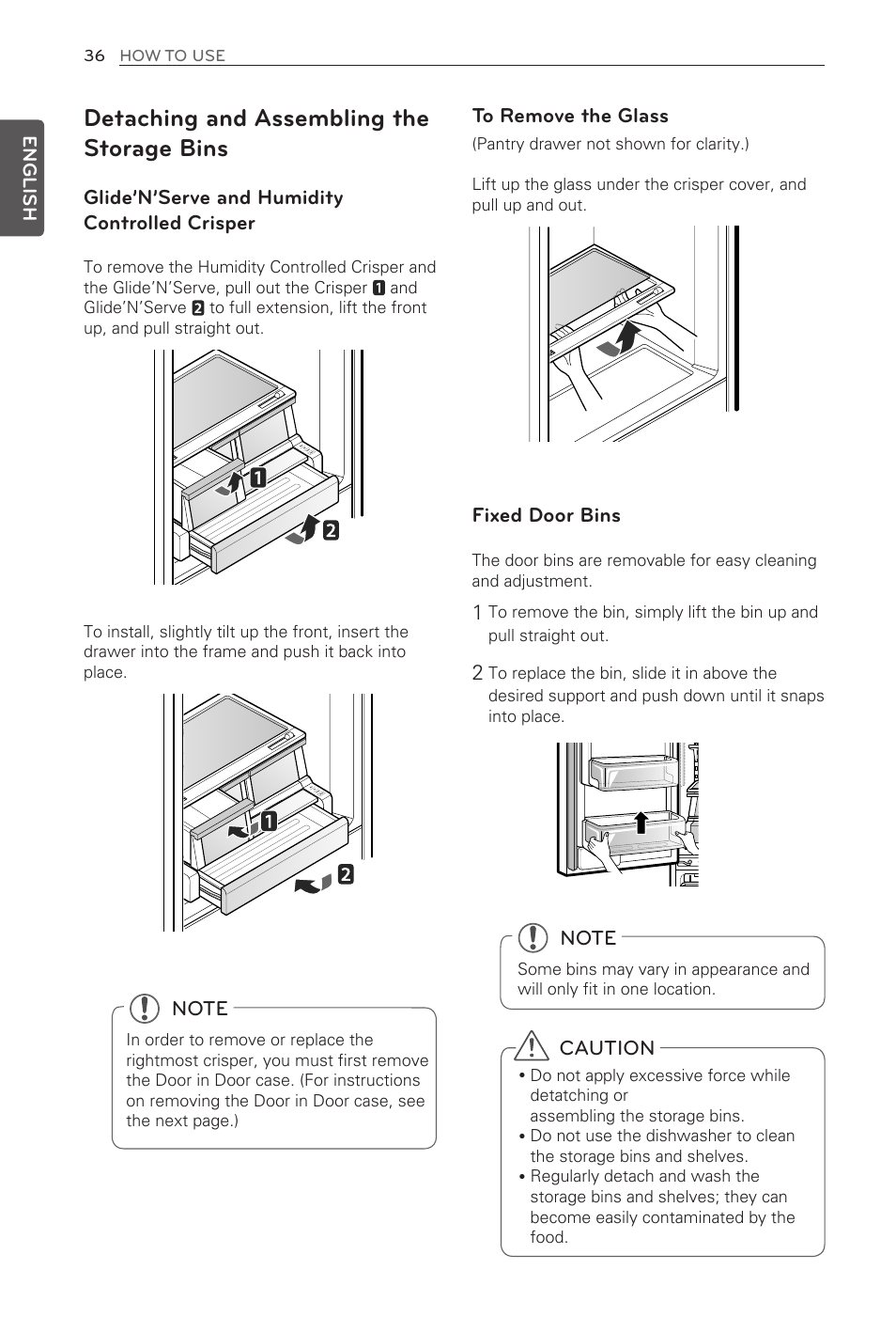Detaching and assembling the storage bins | LG LFX29945ST User Manual | Page 36 / 61