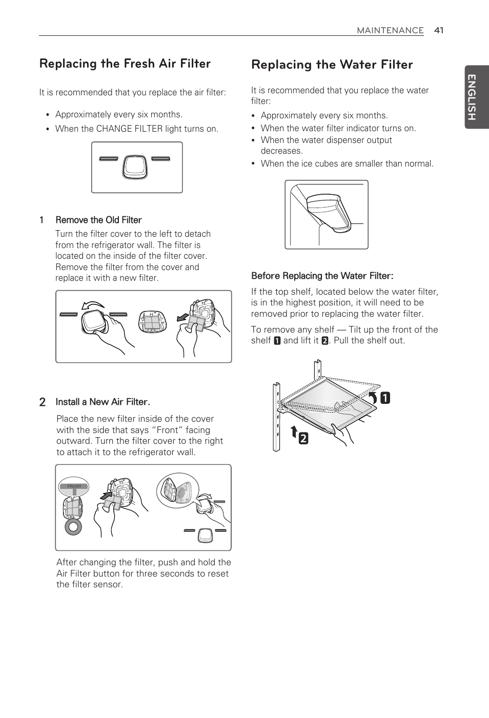 Replacing the fresh air filter, Replacing the water filter | LG LFX29945ST User Manual | Page 41 / 61