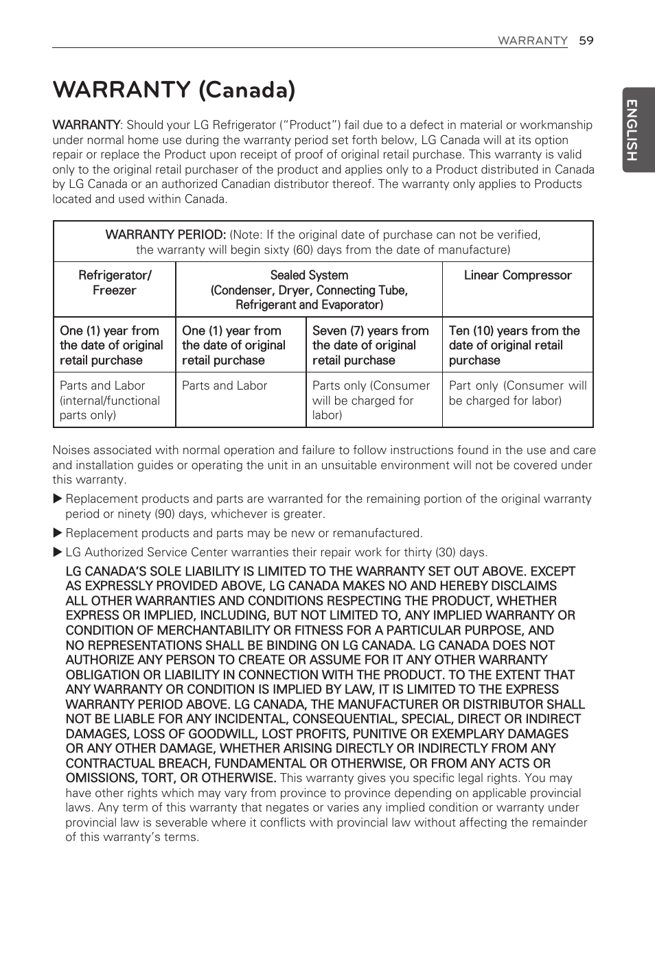 Warranty (canada) | LG LFX29945ST User Manual | Page 59 / 61