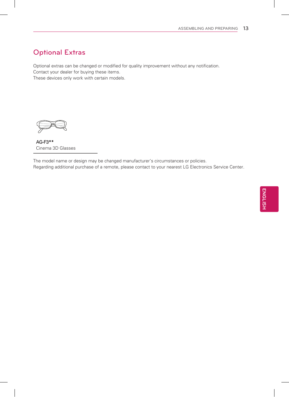 Optional extras | LG 47CM565 User Manual | Page 13 / 40