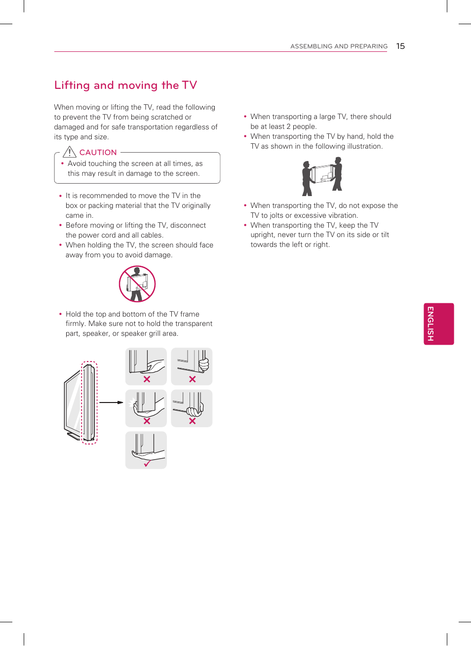 Lifting and moving the tv | LG 47CM565 User Manual | Page 15 / 40