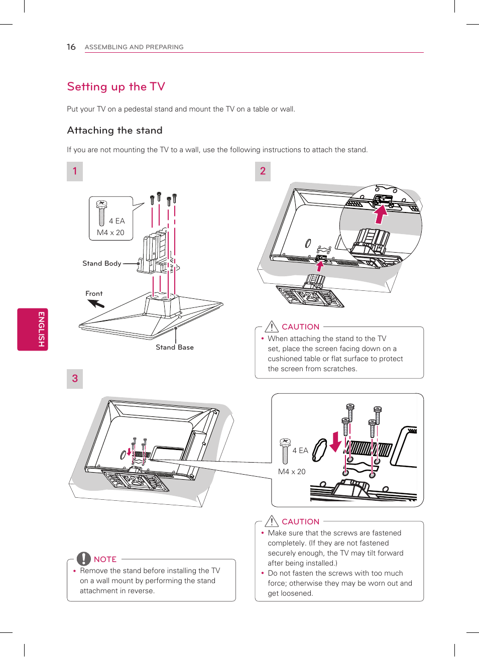 Setting up the tv, Attaching the stand | LG 47CM565 User Manual | Page 16 / 40