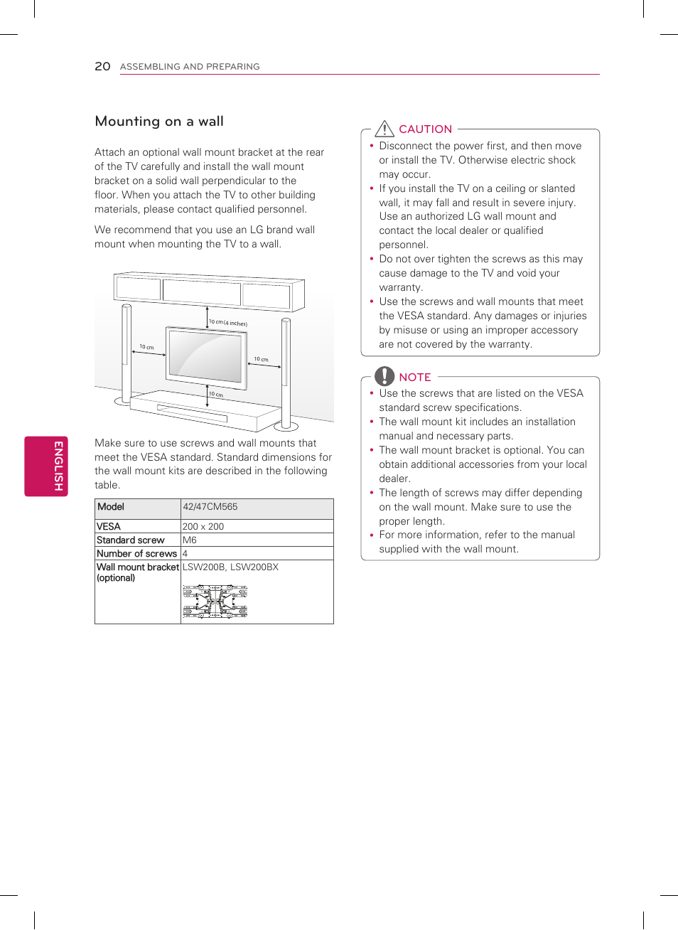 Making connections, Mounting on a wall | LG 47CM565 User Manual | Page 20 / 40