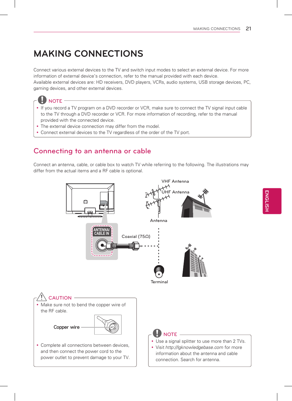 Making connections, Connecting to an antenna or cable | LG 47CM565 User Manual | Page 21 / 40