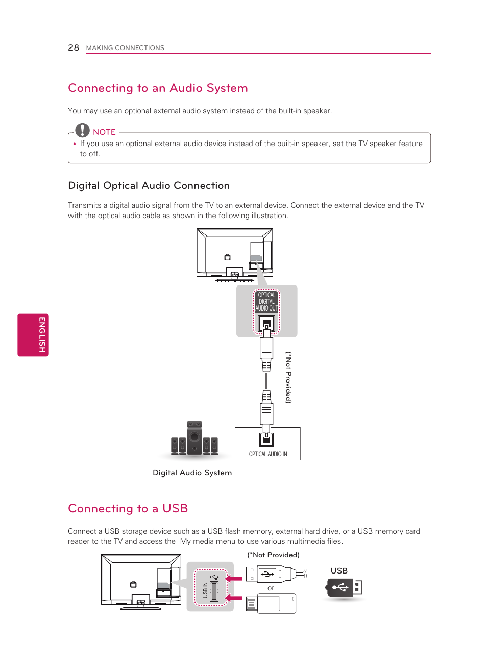 Connecting to an audio system, Connecting to a usb, Digital optical audio connection | LG 47CM565 User Manual | Page 28 / 40