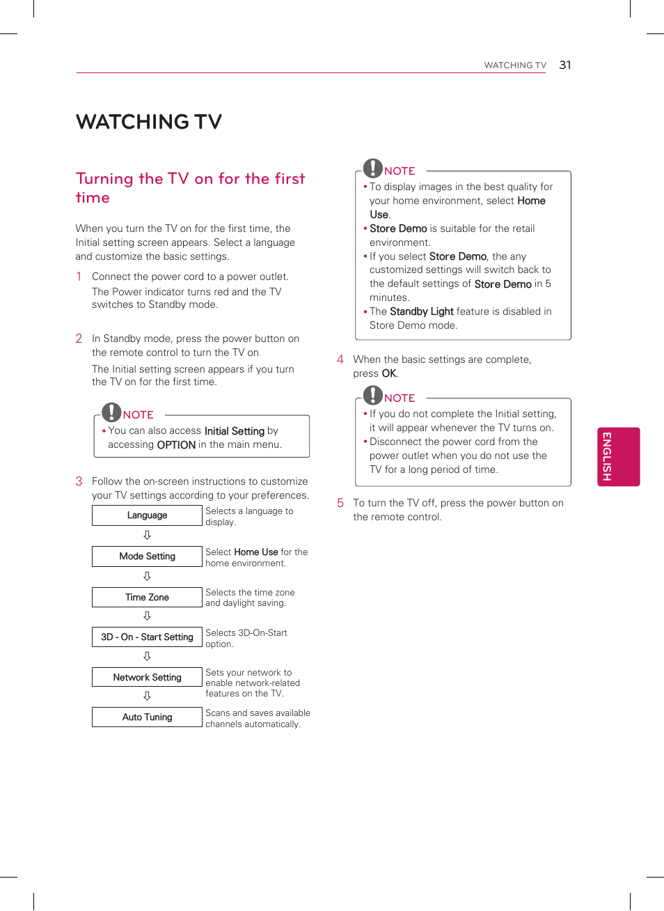 Watching tv, Turning the tv on for the first time | LG 47CM565 User Manual | Page 31 / 40
