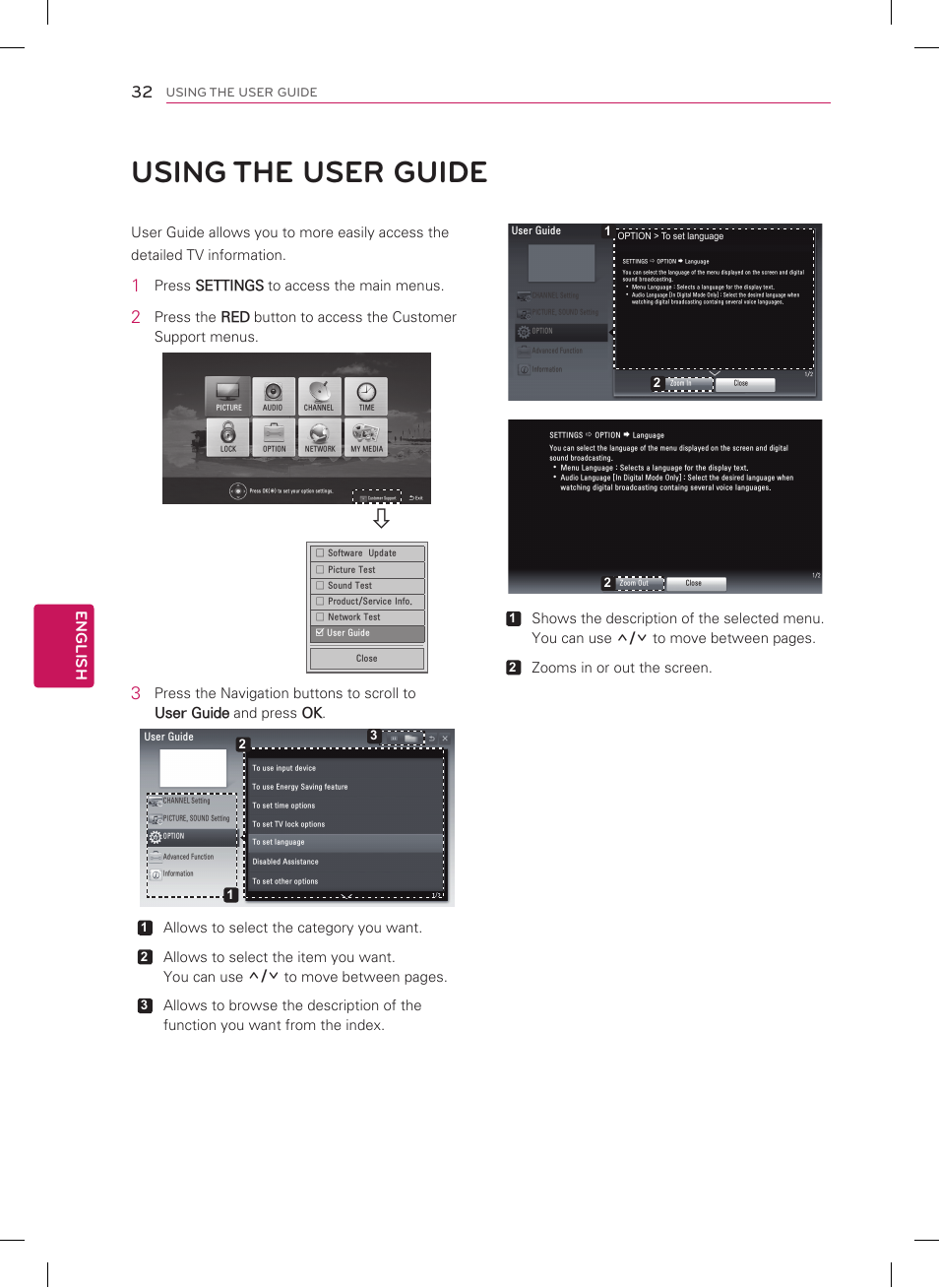 Using the user guide, English, Press settings to access the main menus | Allows to select the category you want, Zooms in or out the screen | LG 47CM565 User Manual | Page 32 / 40