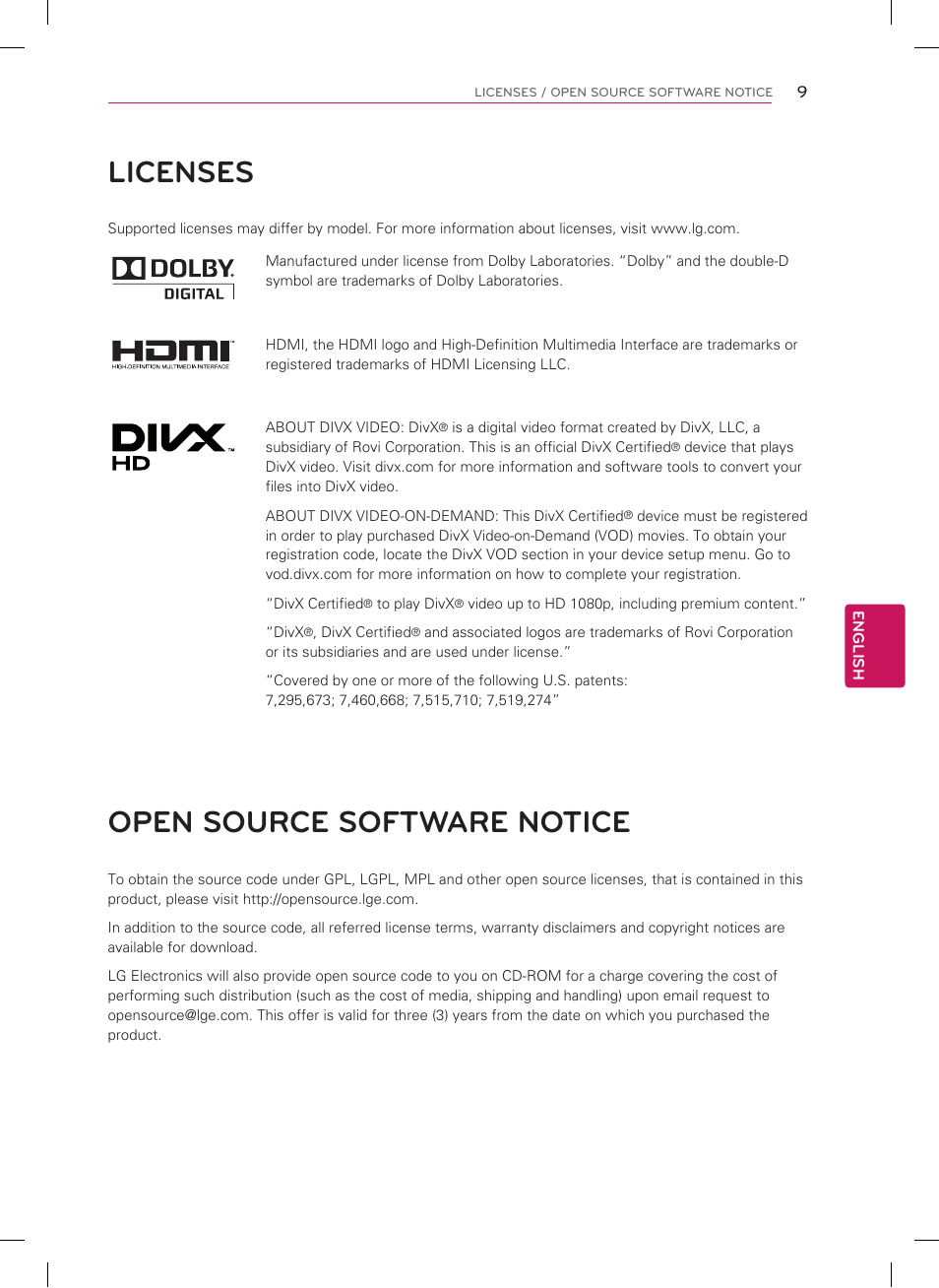 Licenses, Open source software notice | LG 47CM565 User Manual | Page 9 / 40
