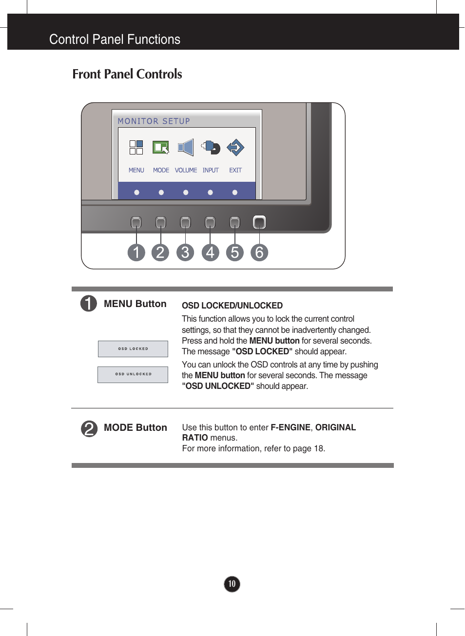 Control panel functions, Front panel controls, Control panel functions front panel controls | LG W1946SM-BF User Manual | Page 11 / 30