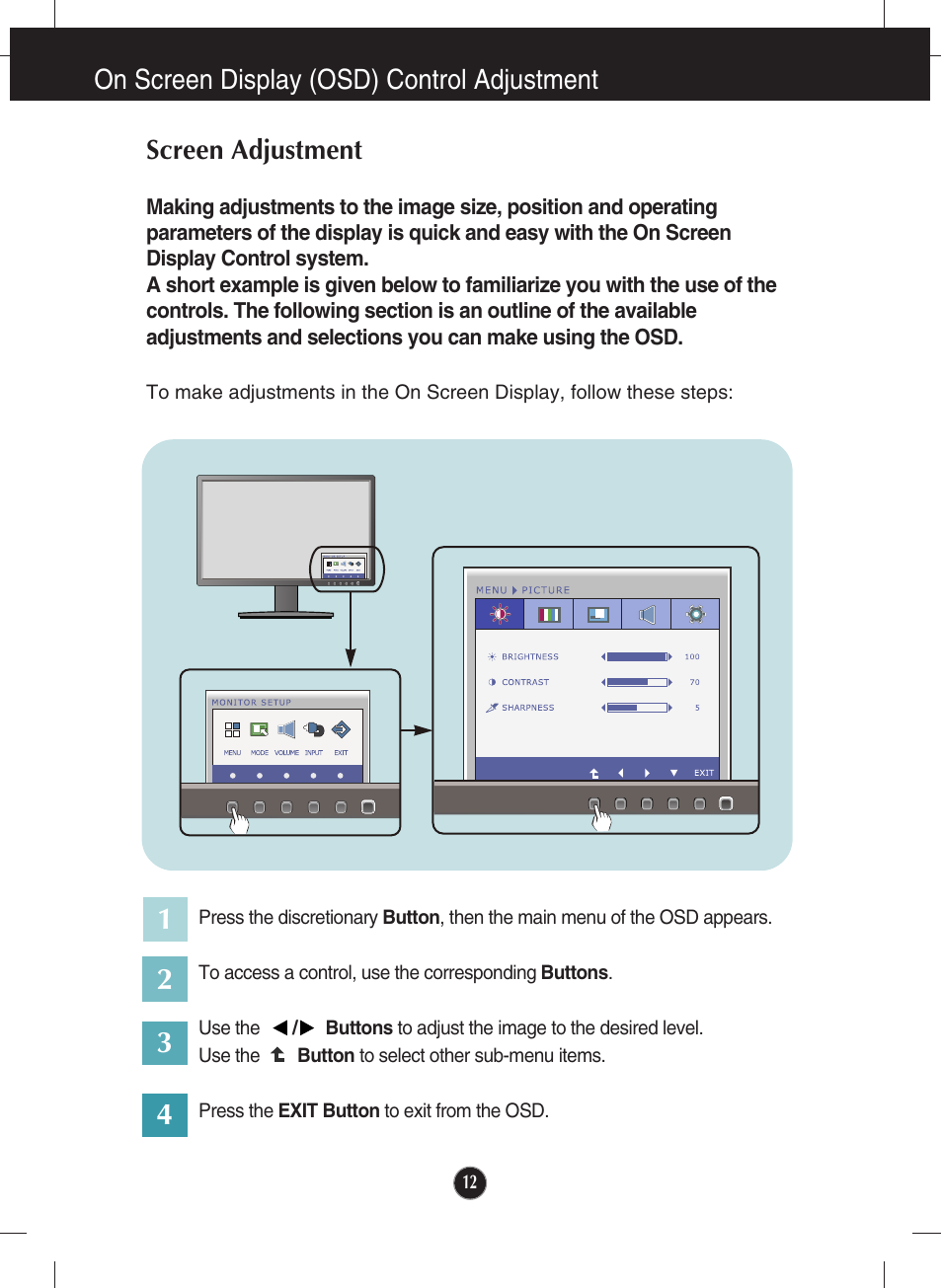 On screen display (osd) control adjustment, Screen adjustment | LG W1946SM-BF User Manual | Page 13 / 30