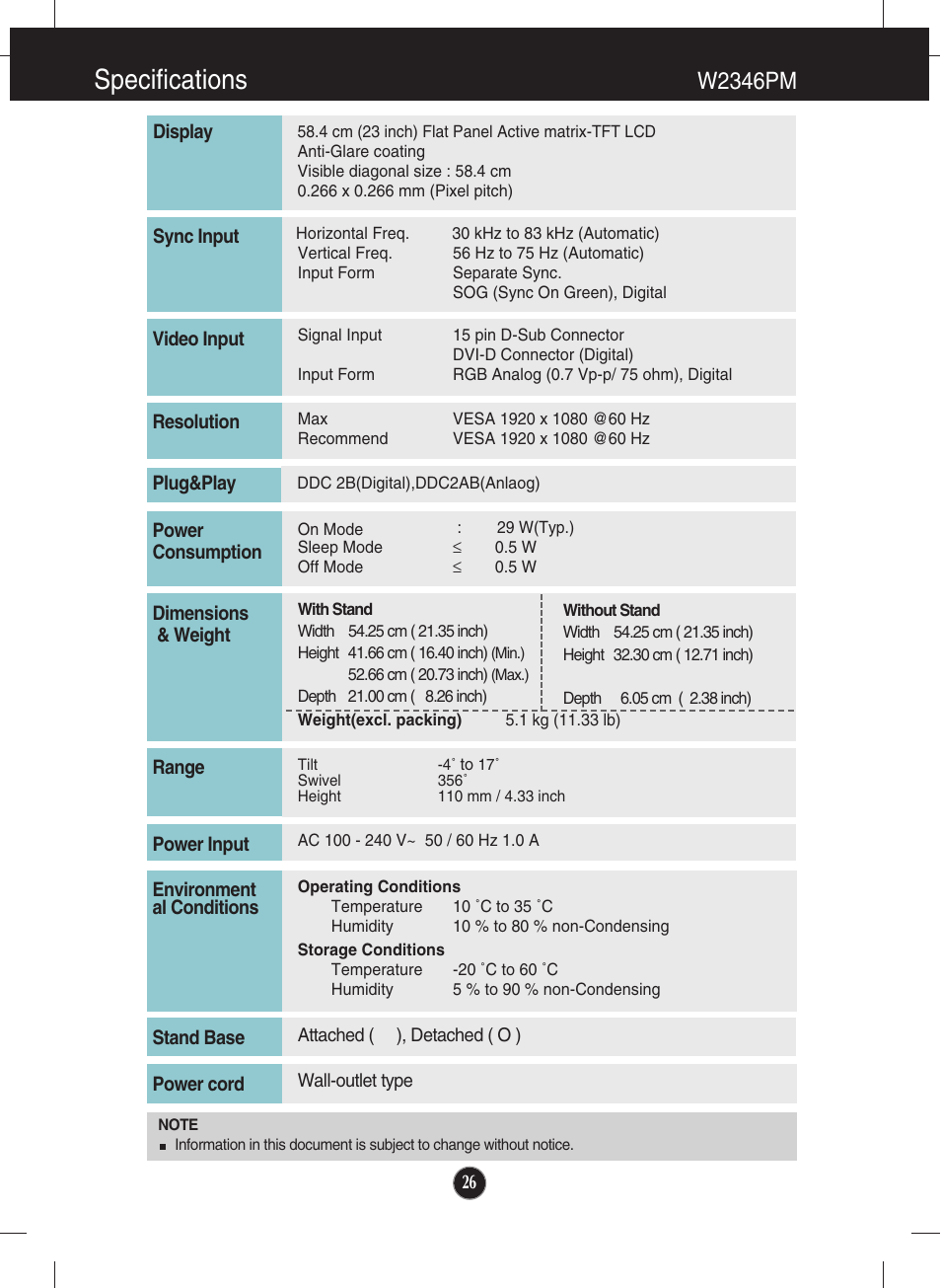 W2346pm, Specifications | LG W1946SM-BF User Manual | Page 27 / 30