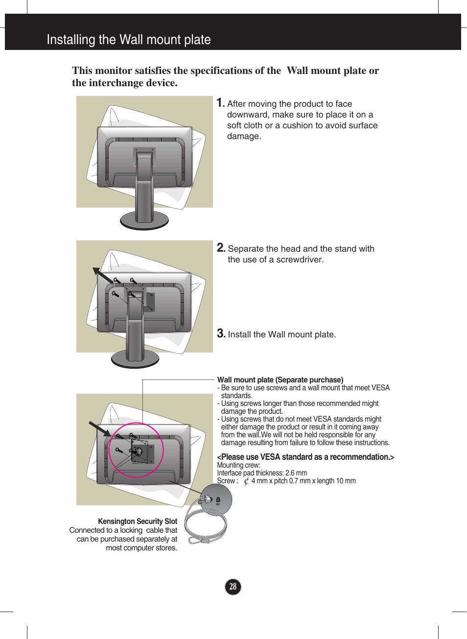 Installing the wall mount plate | LG W1946SM-BF User Manual | Page 29 / 30