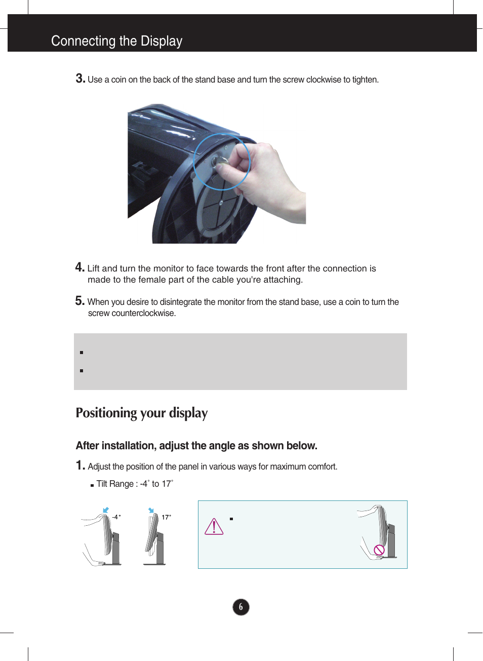 Positioning your display, Connecting the display | LG W1946SM-BF User Manual | Page 7 / 30