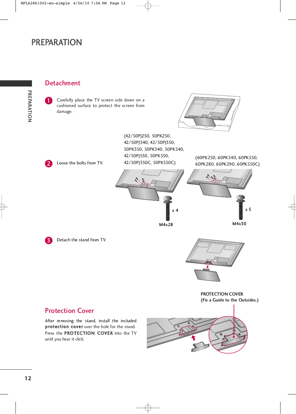 Preparation, Protection cover detachment | LG 50PK540 User Manual | Page 14 / 50