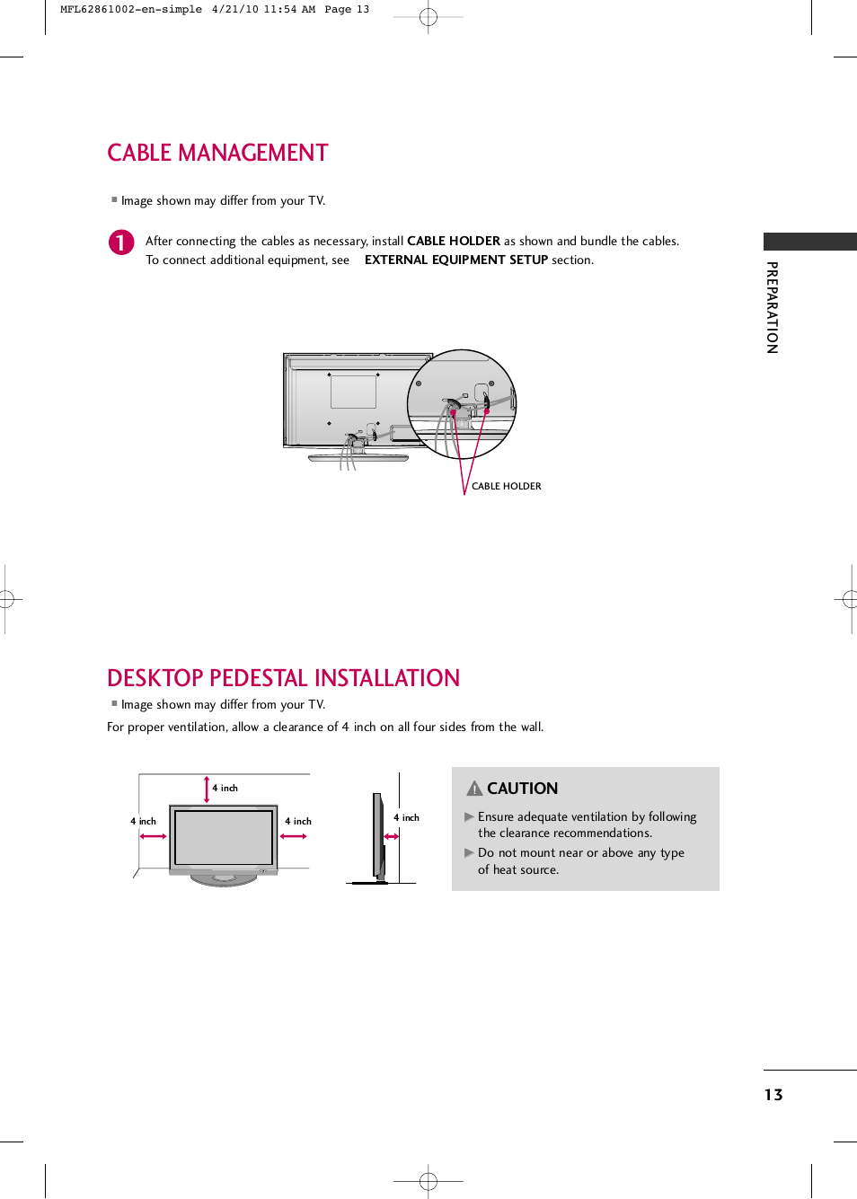 Cable management, Desktop pedestal installation, Caution | LG 50PK540 User Manual | Page 15 / 50