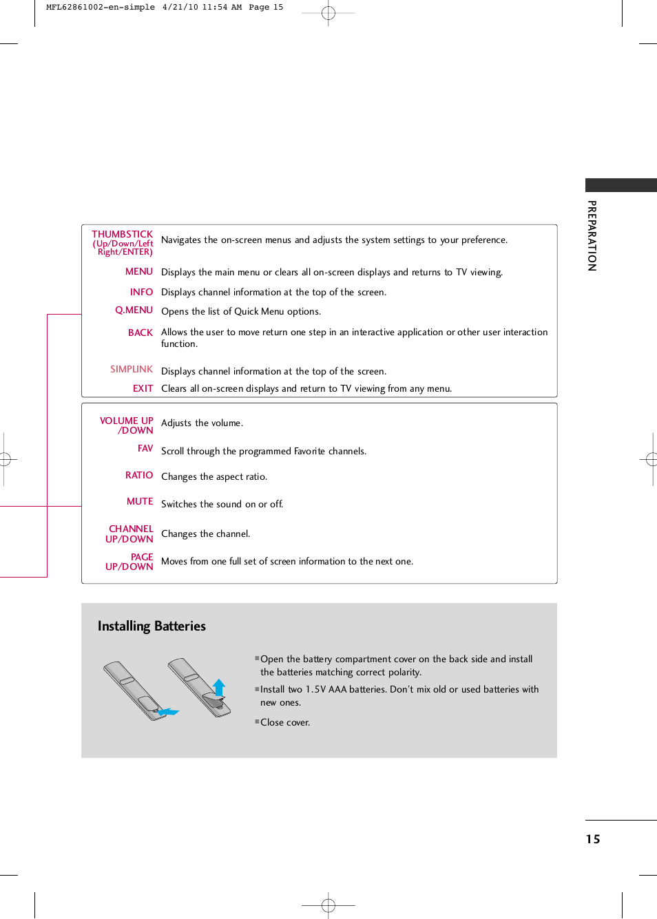 Installing batteries | LG 50PK540 User Manual | Page 17 / 50