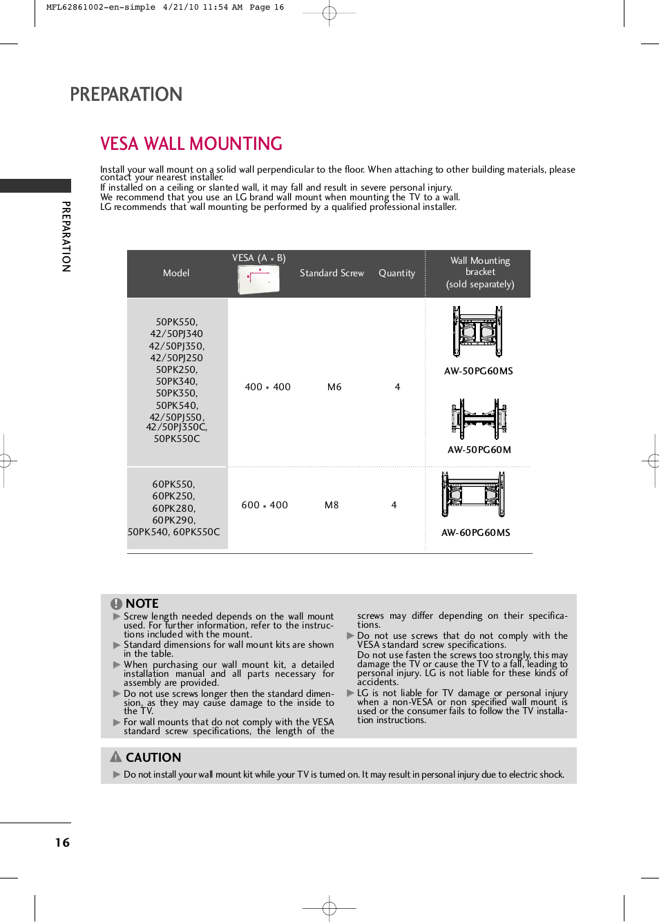 Preparation, Vesa wall mounting, Caution | LG 50PK540 User Manual | Page 18 / 50