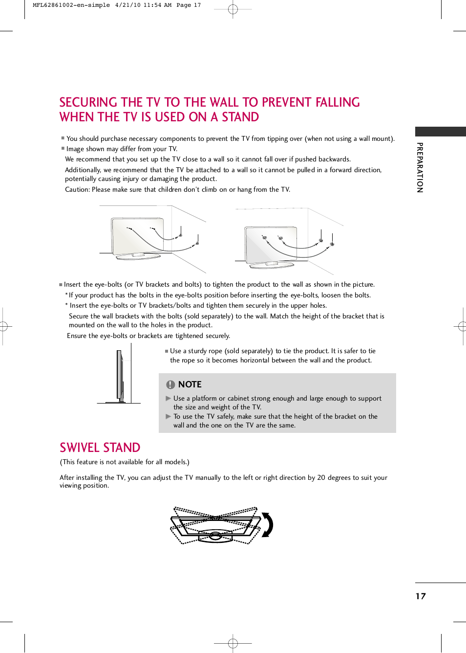 Swivel stand | LG 50PK540 User Manual | Page 19 / 50