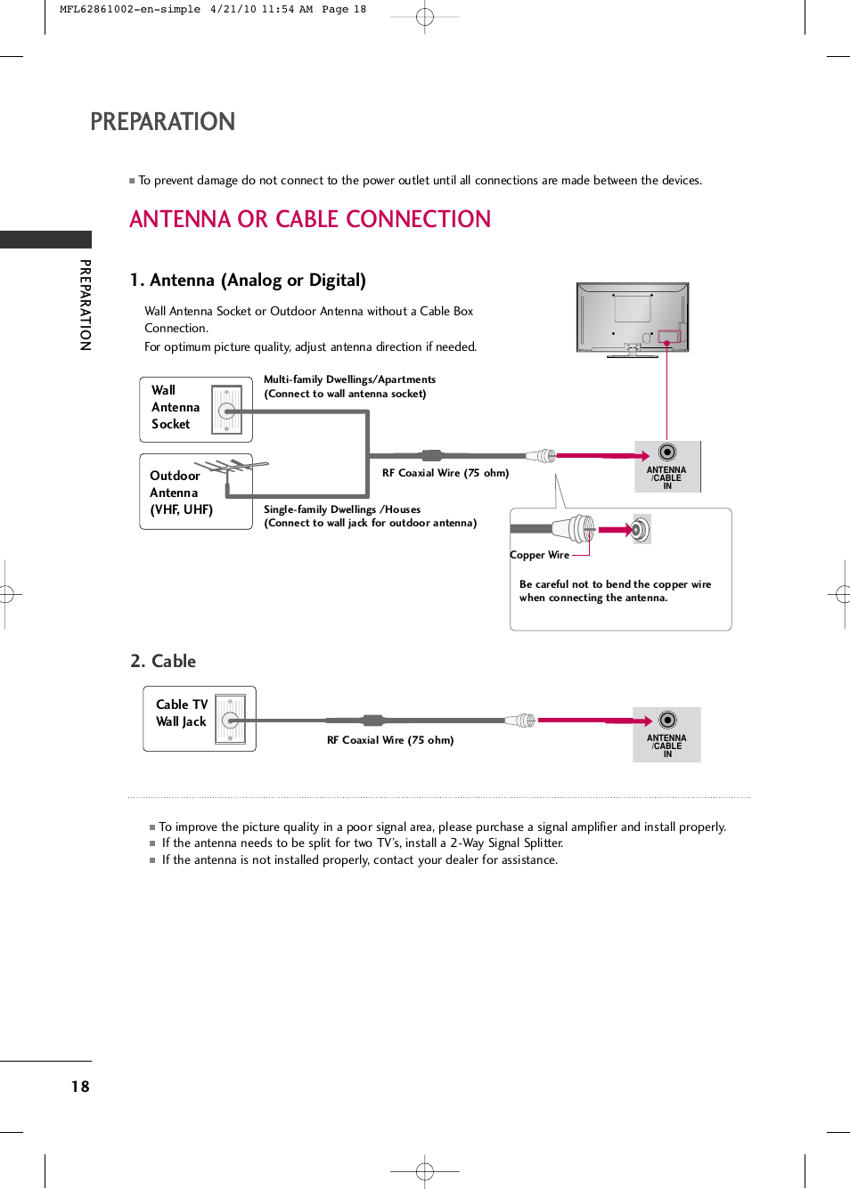 Preparation, Antenna or cable connection, Antenna (analog or digital) | Cable, Prep ar a tion | LG 50PK540 User Manual | Page 20 / 50