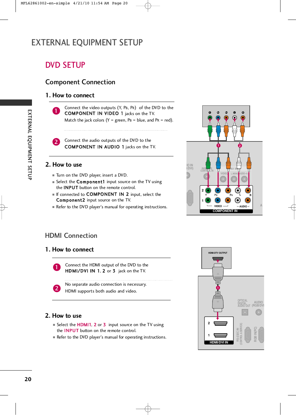 External equipment setup, Dvd setup, Component connection | Hdmi connection, How to connect 2. how to use | LG 50PK540 User Manual | Page 22 / 50